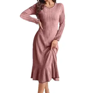 Women's Slim Fit Ribbed Knit Dress, Flowy Mermaid Hem, Semi-Formal Casual Occasion Style, Autumn Winter Party Commuting Dress