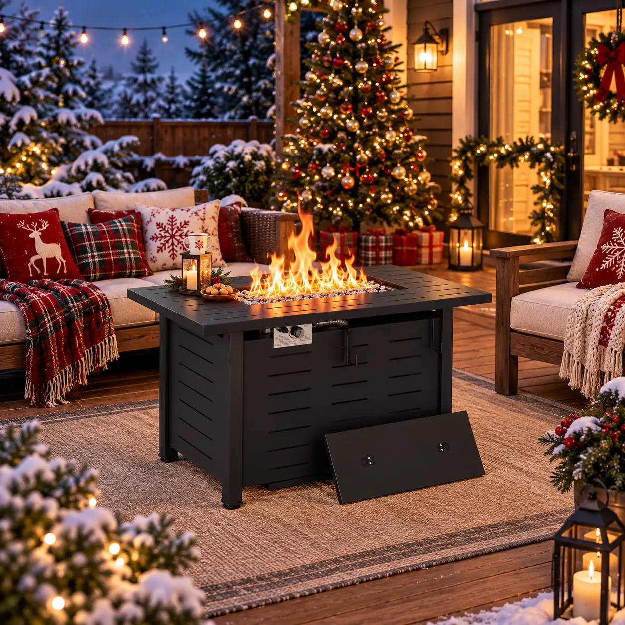 Aoxun 41/44 inch Heavy Duty Rectangle Shape Propane Gas Firetable, Cold-Rolled Steel Body Outdoor Firepit, 50000 BTU, Waterproof Cover, Lava Rock, Removable Lid, 20lbs 8h Burn, Assembly Required, Garden Outdoor Heater for Backyard Modern Home Decor,Black