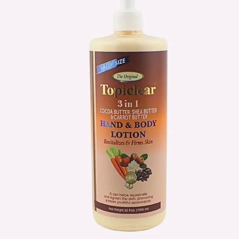 Topiclear 3 in 1 Hand & Body Lotion with Cocoa Shea & Carrot Butters Revitalize Firms Skin 32 fl oz Value Size