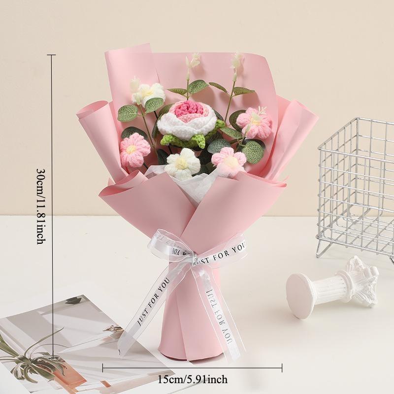 Handmade Crochet Flower Bouquet 1 Count Artificial Knitted Yarn Flowers with Pink Wrapping Paper for Birthday Gift Home Decor Party Decor Artificial Roses - Decoration