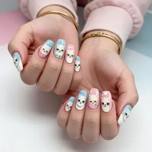 24pcs Press-On Nails Set, Cartoon Alpaca Design, Blue Pink Block, Cute Fake Nails with Jelly Glue & File, Diy Nail Art, Nails Press Ons