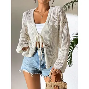 Breezaya Women's Summer Beach Casual Long Sleeve Hollow Out Tie-Front Crochet Cardigan,Long Sleeve Tops