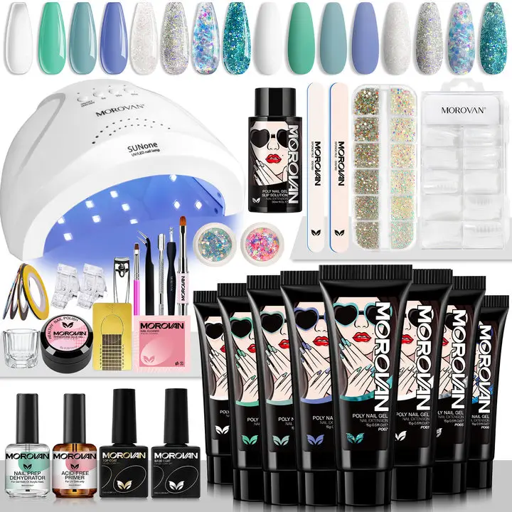 Morovan Poly Gel Nail Kit: Starter Kit 8 Colors Poly Nail Gel Kit with U V Lamp 48W Complete Poly Gel Kit for Beginners with Everything Professional
