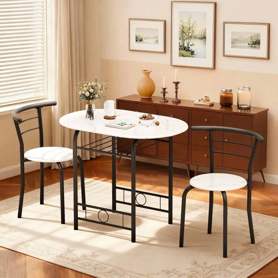 3-Piece Round Dining Table Set with 2 Chairs, Space-Saving Kitchen Set with Built-In Wine Rack, Modern Wood Breakfast Nook Furniture with Industrial Charm, Dining Room Furniture for Small Spaces & Apartment, Modern Decor Apartment Decor Ideas
