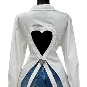 Open Heart Blouse - White Long Sleeve Top with Heart Design, Front Button Closure & Casual Style for Various Occasions - Shirts