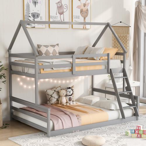 【Bellemave】Twin over Twin/Twin over Full  Low Bunk Bed, House Bed with Ladder , Gray(OLD SKU:WF 197808 AAE)