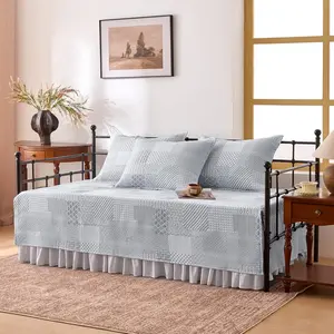 5 Pcs Daybed Cover Set Boho Patchwork Quilting Cozy All Season Soft Daybed Comforter Bedding Set with Bedskirt, Matching Sham, 75" * 39", Light Gray