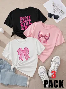 Set! 3-Piece Girls' Summer T-Shirts, Sweet Cool Large Bow Print Short Sleeve Top Set, Trendy Versatile Underwear, Ages 4-12