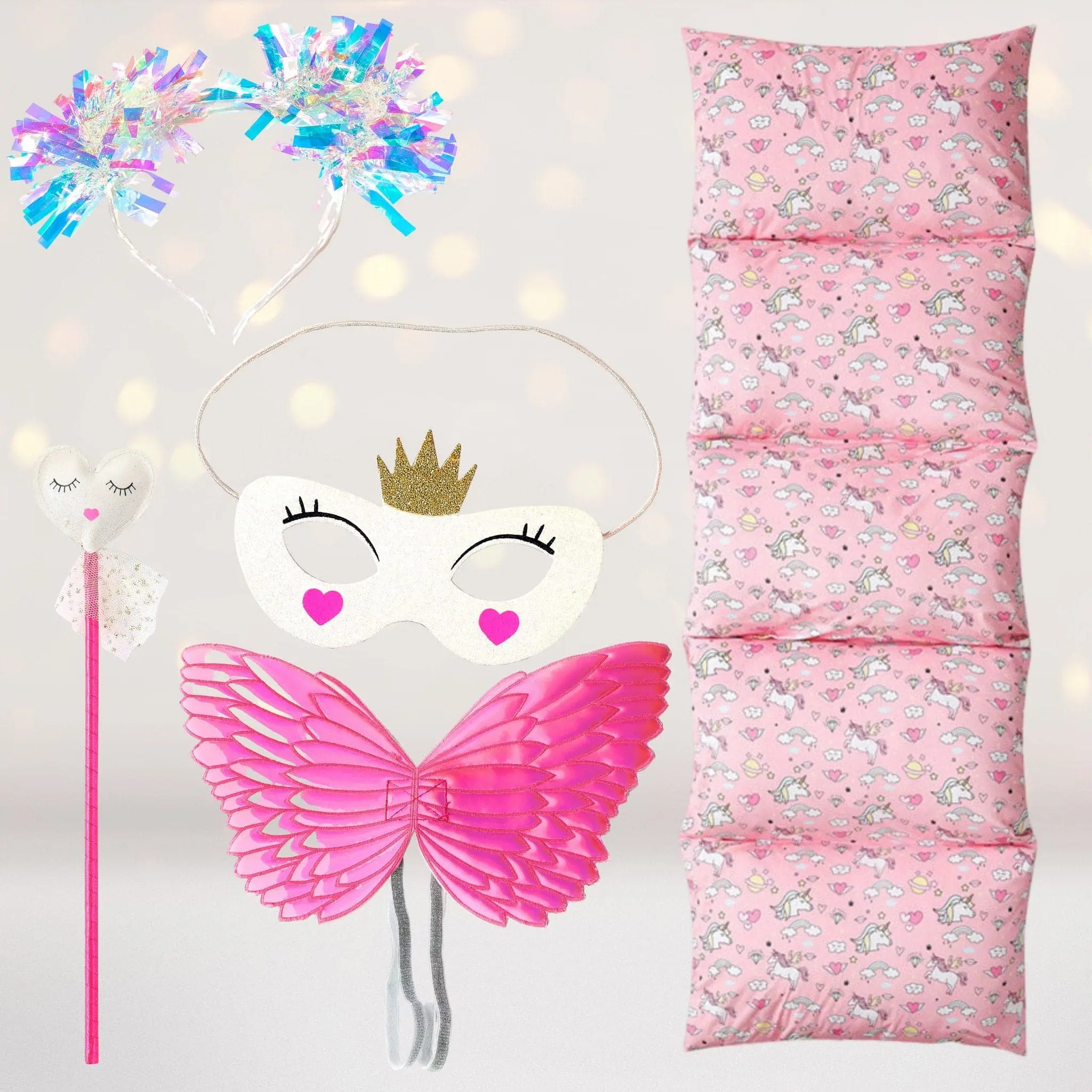 Child's Magical Felt Neon Satin Fairy Unicorn Princess 5-Piece Party Gift Set - 5.75x3in Hot Pink Hearts Floor Lounger, Wings, Wand, Mask