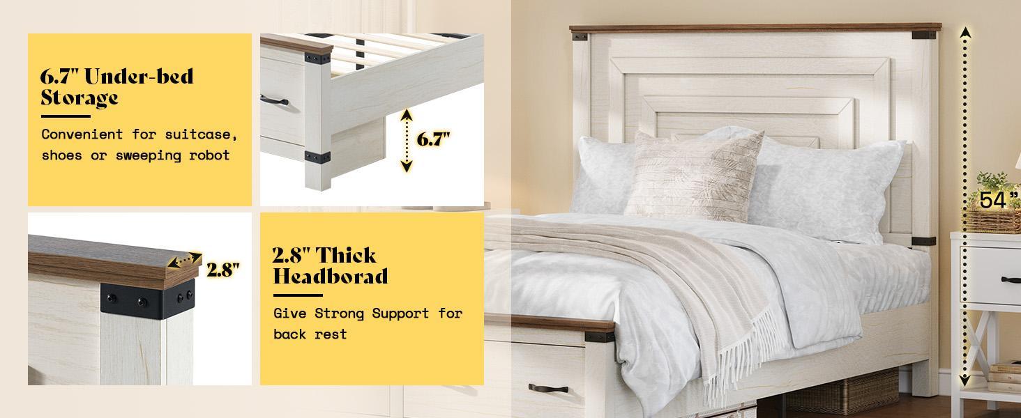 [Spring Sale] AMERLIFE Farmhouse Bed Frame with 54" Tall Geometric Headboard & Footboard, Rustic Wood Platform Bed Frame with Large Storage Drawers, Wood Slats Support, No Box Spring Needed