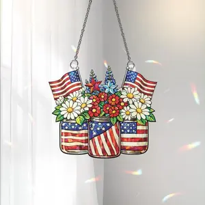 American Flag Flowers Window Hanging Patriotic Mason Jar Acrylic Suncatcher July 4th Decoration USA Pride Wall Decor Memorial Day