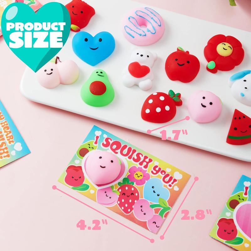 28 Valentine's Day Cards with Kawaii Mochi Squishy Toys – Perfect for Kids' Party Favors, Classroom Gift Exchange & Prizes