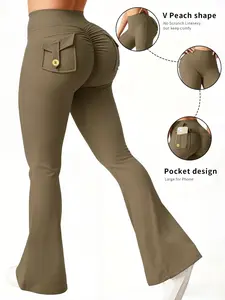 Women's High-Waisted Butt Lifting Yoga Pants with Pockets, Wide Leg Fitness Pants, Elastic Sportswear, Tummy Control Workout Clothes