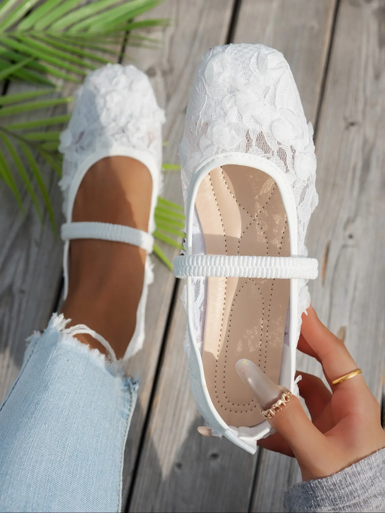 Women's Floral Lace Hollow Out Mary Jane Flats, French Vintage Square Toe Buckle Strap Low Profile Rubber Shoes, Casual Spring & Fall Slip-Ons, Wedding Flats