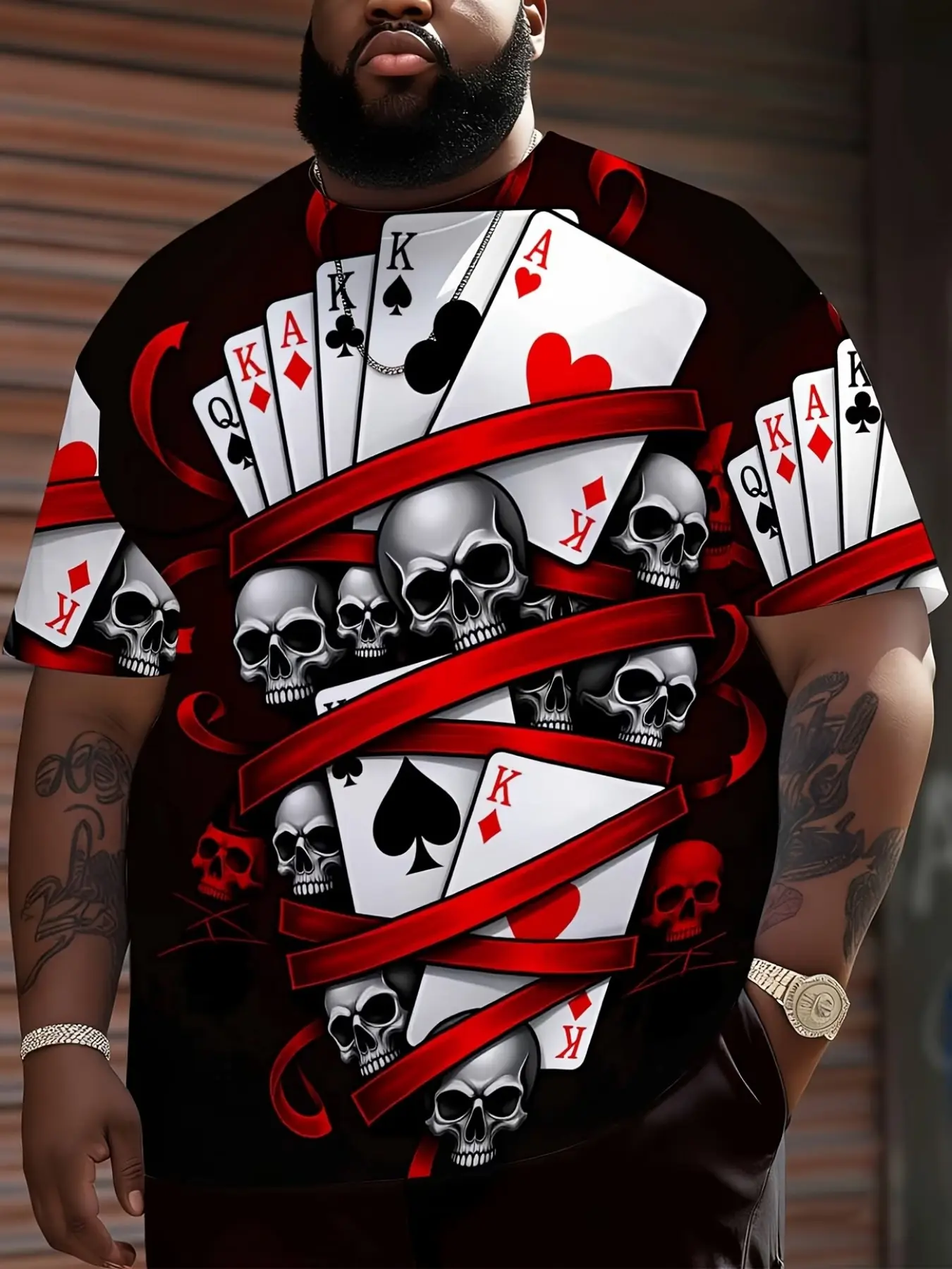 Men's Short Sleeve T-Shirt with Poker Card and Skull Pattern, Perfect for Casual, Streetwear and Parties, Plus Size Available, Casual Fashion Clothing
