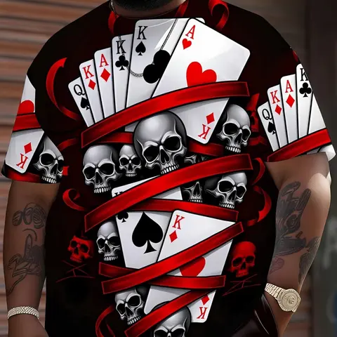 Men's Short Sleeve T-Shirt with Poker Card and Skull Pattern, Perfect for Street Style and Parties, Plus Size Available