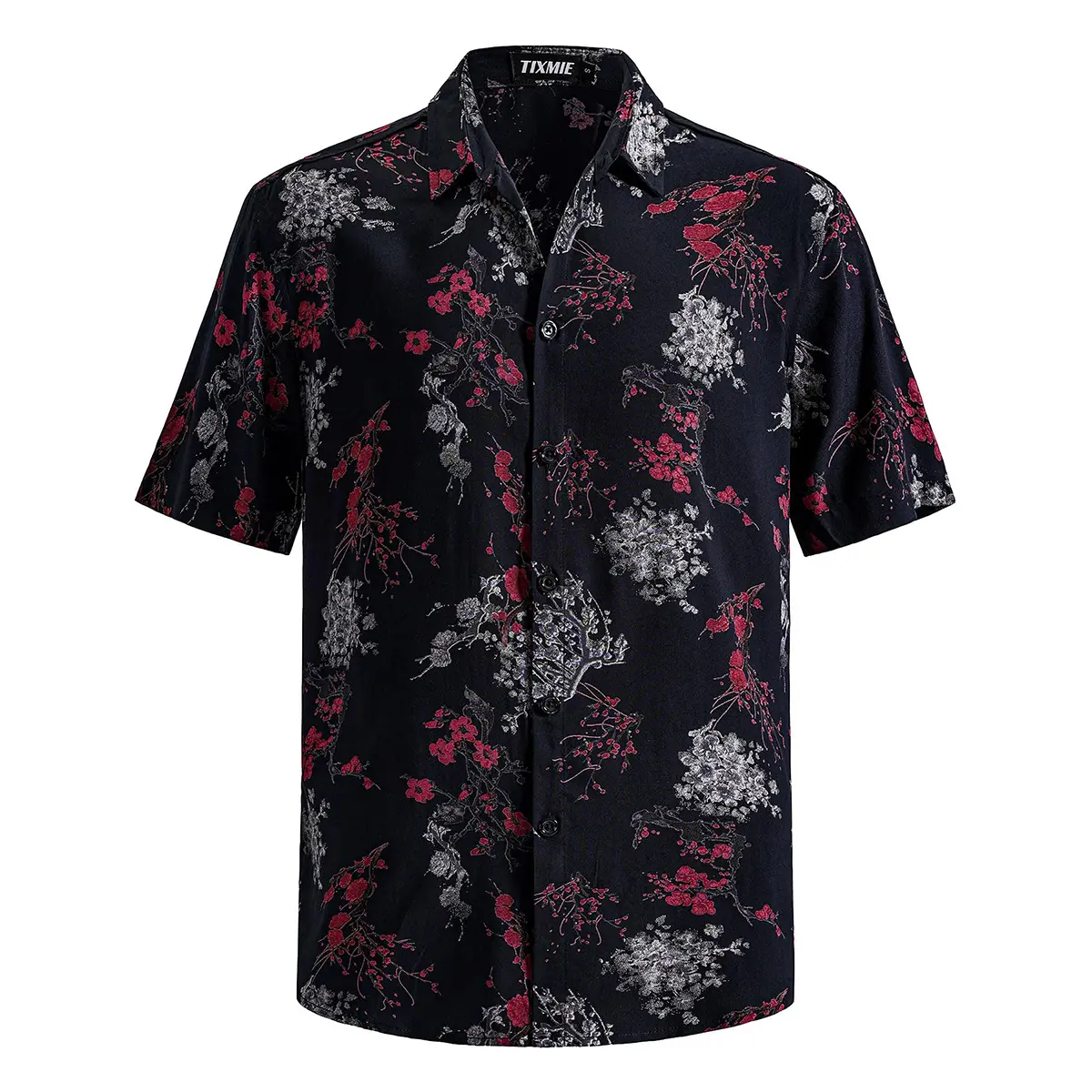 TIXMIE Men's Short Sleeve Button-Down Shirt - Elegant Red Silver Tropical Floral Print, Vintage Collared Rayon Casual Summer Beach Top