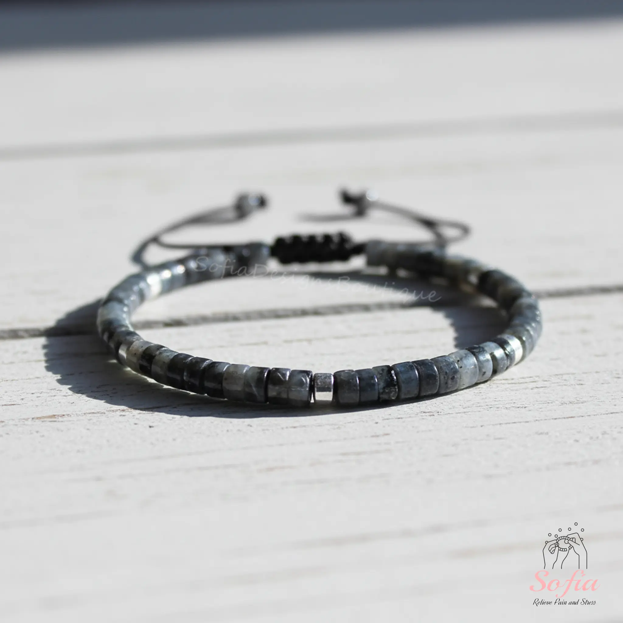 Sofia Natural Larvikite Crystal Bracelet - Handmade Beaded Braided Dainty Healing Crystal Jewelry, Energy Healing Bracelet, Easy Daily Outfit Accent, Minimalist Gift for Her