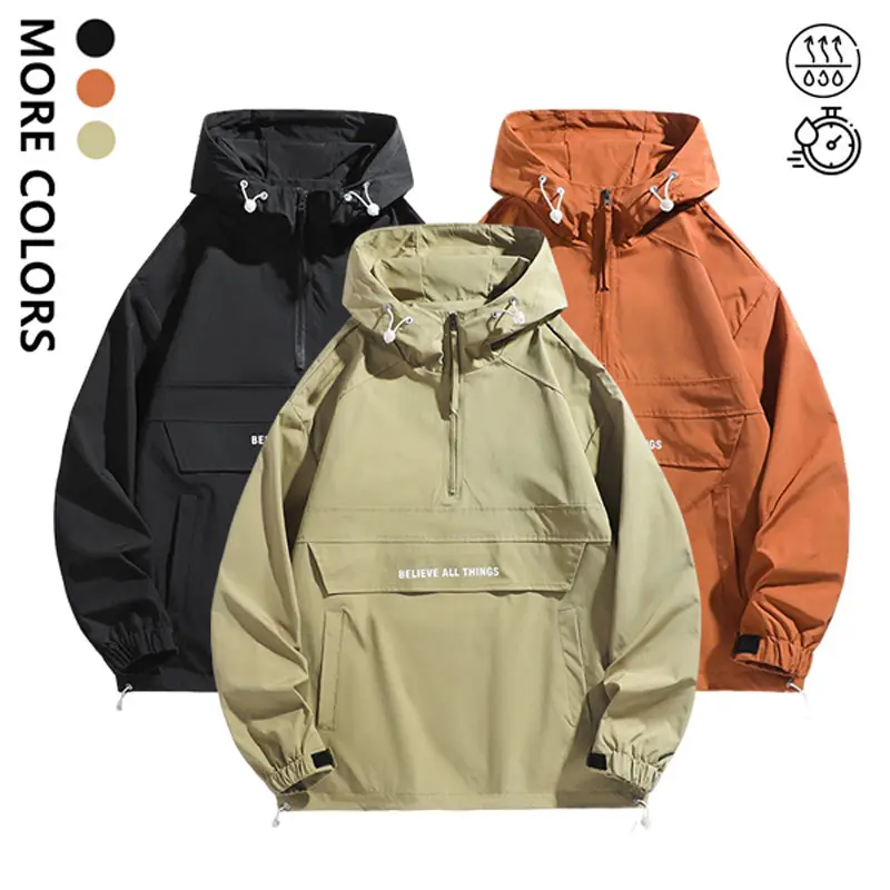 Men’s half‑zip anorak hooded windbreaker jacket with letter graphic print, pullover outerwear, adjustable drawstring hood, elastic cuffs at the hem, casual street‑style windproof coat for daily travel and camping, spring/fall men