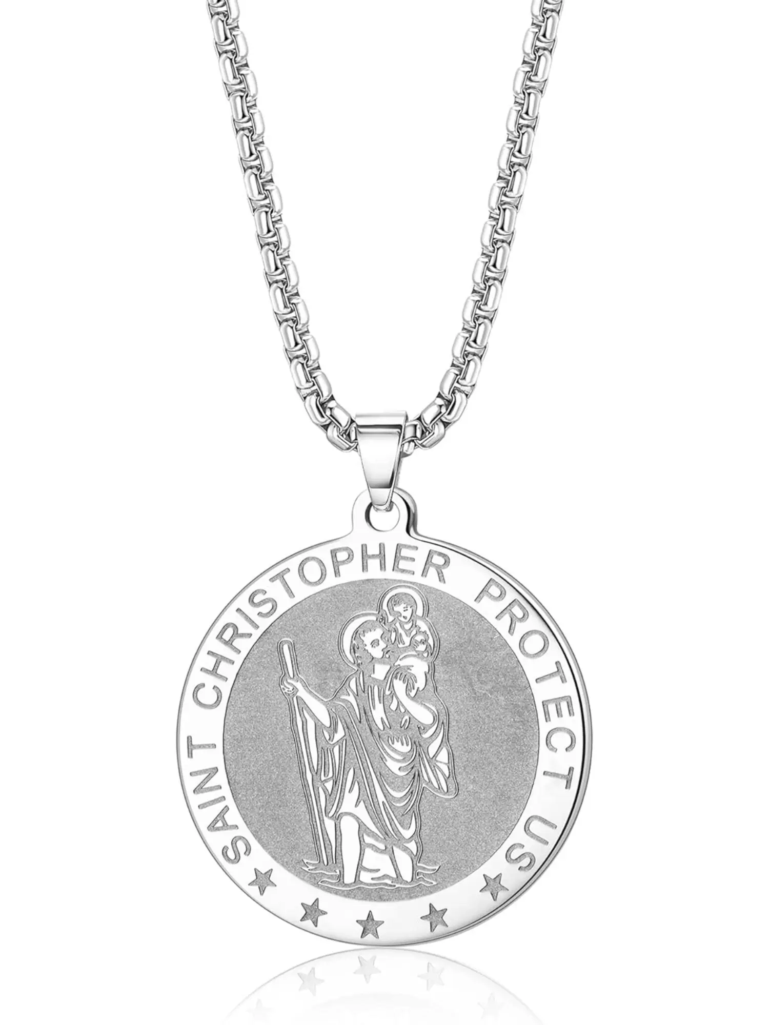 Unique 1 Pc Silvery Saints Protect Us Pendant Necklace Cuban Link Necklace Stainless Steel St Christopher Necklace for Men Women Silver Gifts for Father Mother Friends