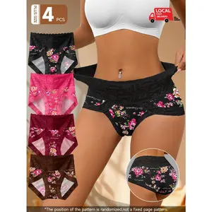 4 Pairs Plus Size Assorted Color Women's Floral Contrast Lace Triangle Panties Set , Mid Waist Tummy Control Soft Breathable Cotton, Skin Friendly Comfort Fit for Daily or Date Night, TikTok Viral 1438Plus