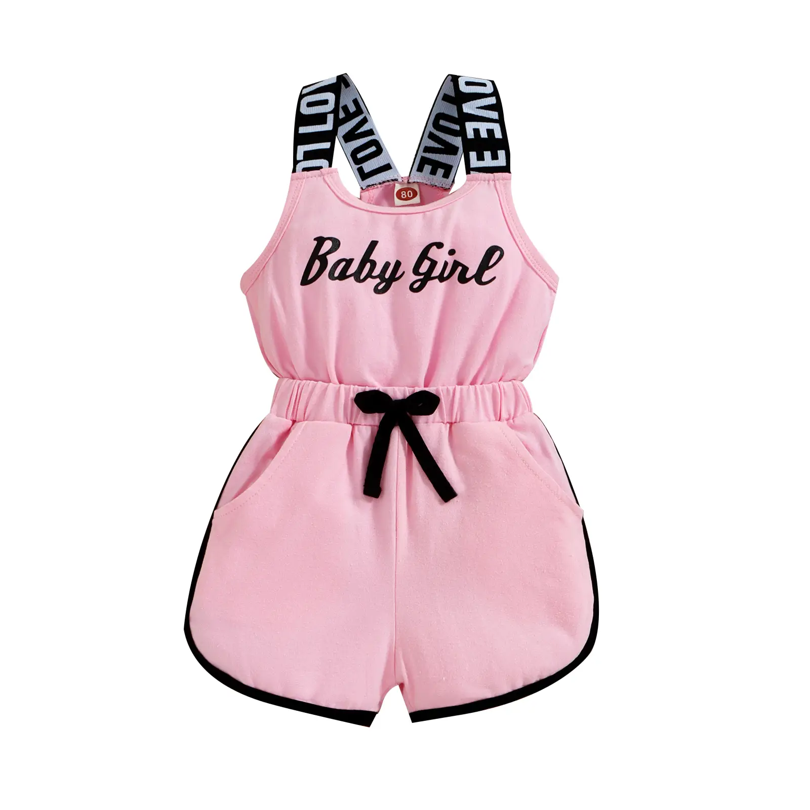 Toddler Baby Girls Summer Romper, Sleeveless Crew Neck Letter Print Short Jumpsuit Elastic Waist Clothes