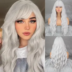 Xinran Long Silver White Hair Wigs for Women Synthetic Platinum White Wig with Bangs Wavy Costume Cosplay Wig For Girls Daily Use Wear, Halloween & Cosplay
