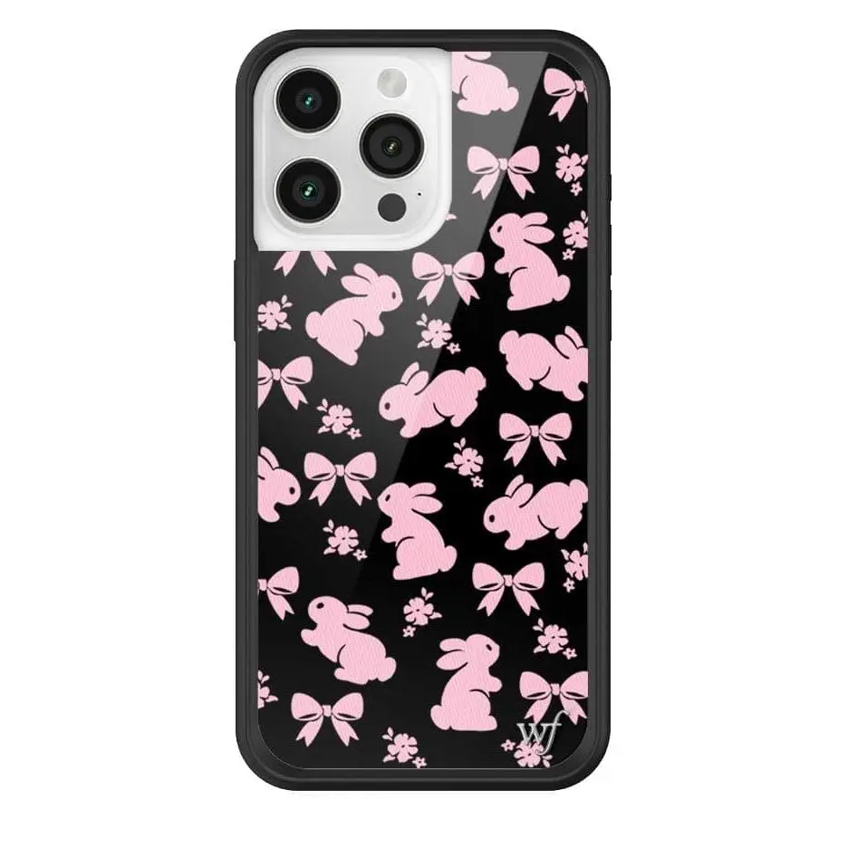 Pink Bunnies | Limited Edition Trendy iPhone Case | Raised Protective Black Bumper | Women Owned Small Business | Black Background Baby Pink Ribbons and Hopping Bunnies | Safety Casing Protective | Gift for Her