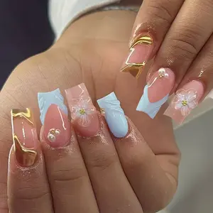 24pcs Medium Long Square Blue Gold Fake Nails, Quick Easy Application, Reusable Gel Tabs, Perfect for Dating Commuting Parties