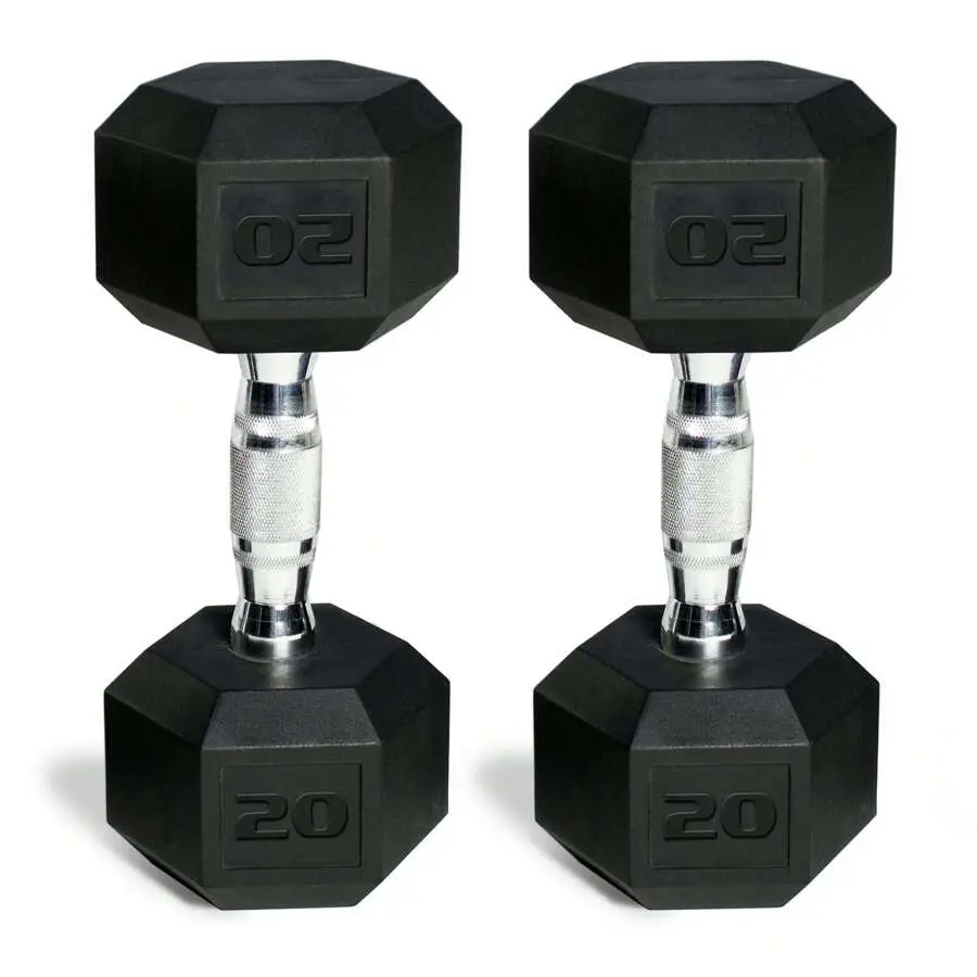 20lb Coated Rubber Hex Dumbbell, Pair The 20lb weight is ideal for building muscle, toning the body, and enhancing strength-suitable for both beginners and intermediate exercisers.The coated rubber surface not only provides a comfortable, non-slip grip b