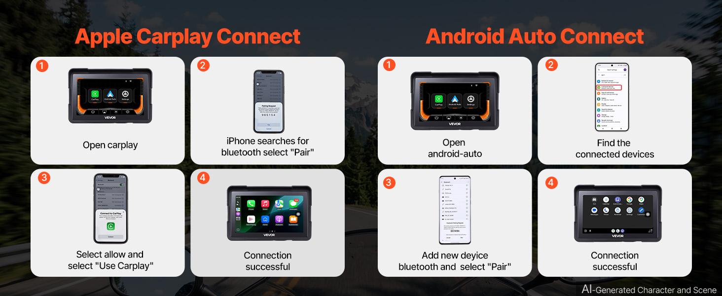 VEVOR 7 Inch Wireless Motorcycle Carplay with Apple Carplay & Android Auto, Dual Cameras & Bluetooth, TPMS, Voice Control, 64GB Card - Fits All Motorcycles