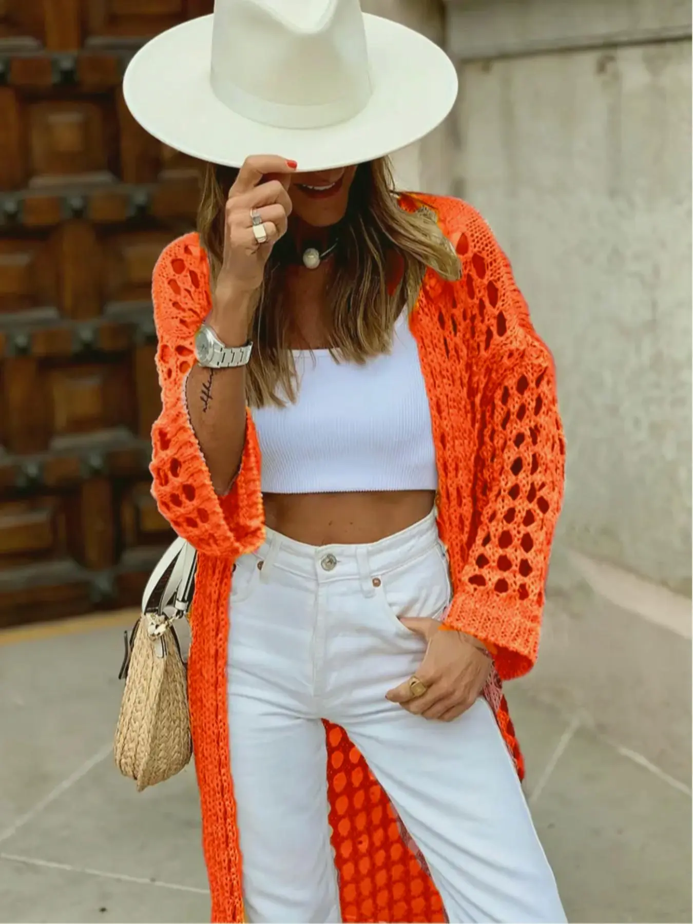 Women's Solid Color Hollow-Out Loose Knit Cardigan, Knitwear Fashion Casual Basic Long Sleeve Open-Front for Spring and Fall Daily Wear