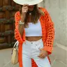 Women's Solid Color Hollow-Out Loose Fit Knit Cardigan, Knitwear Fashion Casual Basic Long Sleeve Open-Front Tops for Spring and Fall Daily Wear