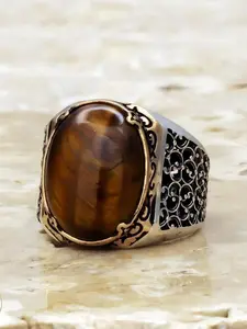 Men's Vintage Delicate Cabochon Design, Artificial Gemstone Decorative Hollow Out Copper Ring, Fashionable Jewelry for Party & Daily Wear, Vintage Rings