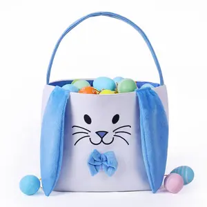Easter Bunny Baskets for Kids Empty Egg Hunt Bags, Rabbit Buckets with Handle for Carrying Candy Cute Stuffed Easter Festival Gifts (Blue)