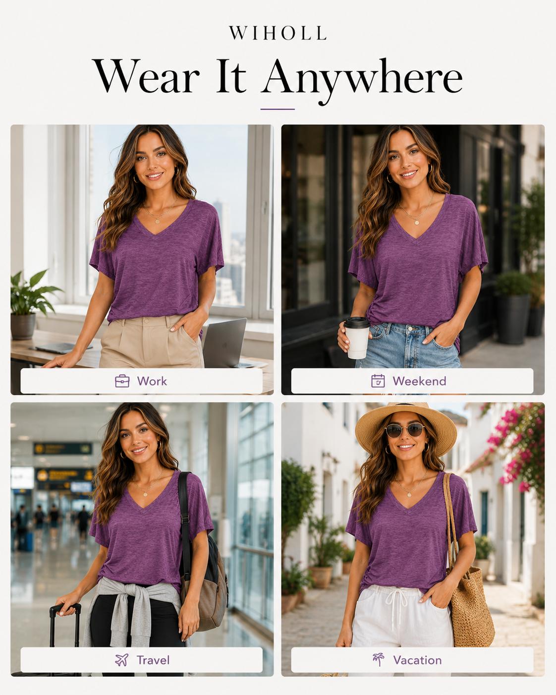 WIHOLL Womens Short Sleeve V Neck Dolman Tops with Side Shirring Loose Fit Shirts WIHOLL Womens Short Sleeve V Neck Dolman Tops with Side Shirring Loose Fit Shirts
