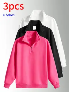 3-pack men’s stand-collar sweatshirts, men’s sweatshirts. Loose fit, half-zip stand collar design, soft, comfortable, skin-friendly fabric, minimalist solid color design, available in multiple colors, suitable for daily commuting, school, shopping, sports