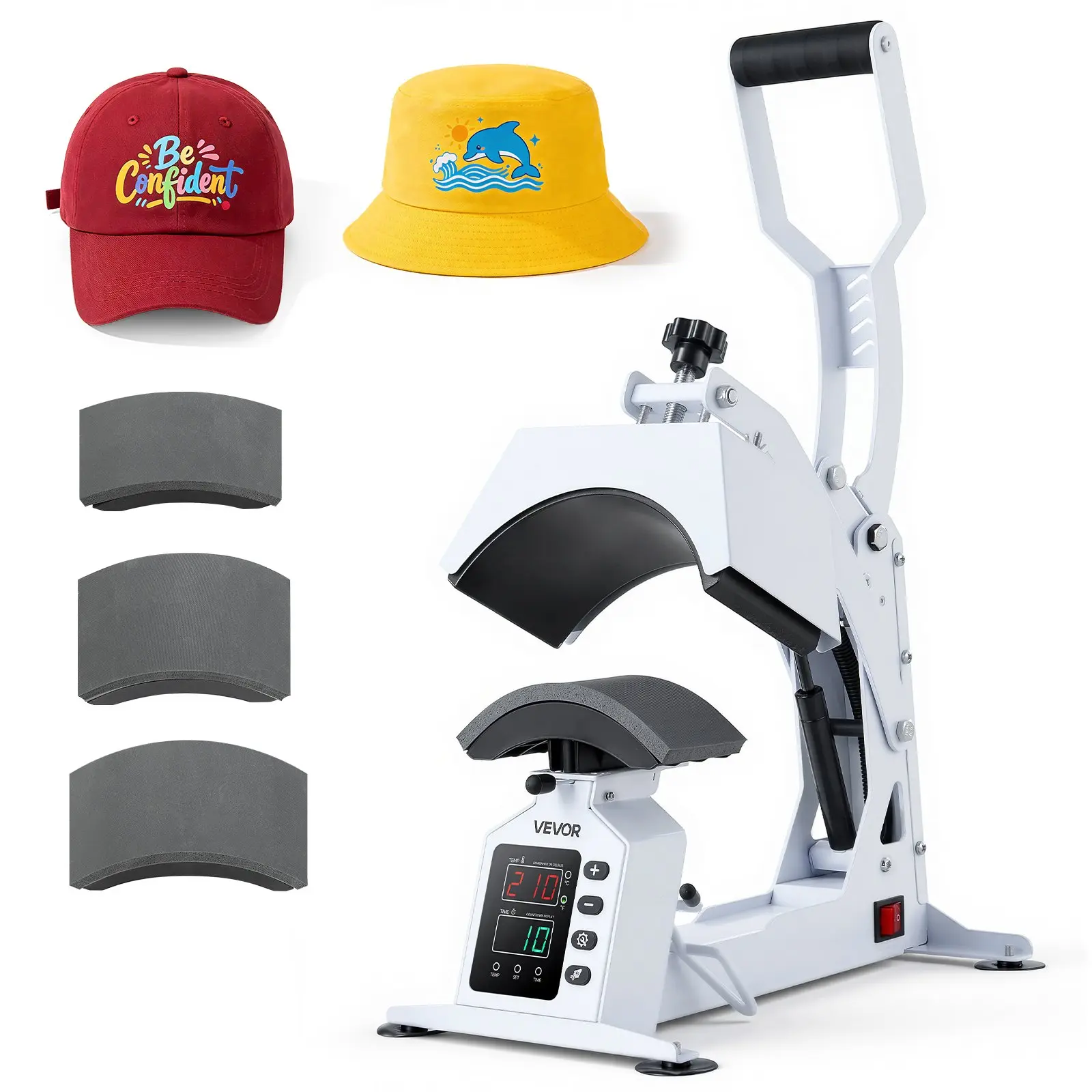 VEVOR Hat Heat Press Machine, 580W Household Hand Tool with 4 Interchangeable Platens, LED Display, PTFE Plate, Cap Stretcher, Precise Temp Control, Auto Shut-Off, for HTV Iron On, Sublimation, Tote Bags, Headbands, Masks, White