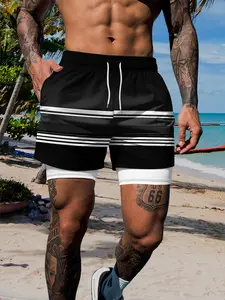 Men's Beach Quick-Dry Double-Layer Shorts, Anti-Slip Design, Ideal for Swimming & Surfing, Casual Style, Comfortable Fit