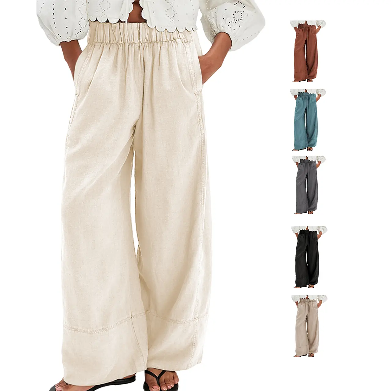 Womens Linen Pants Wide Leg Flowy Summer Pants Casual Lounge Palazzo Baggy Beach Trousers with Pockets TikTokShopBlackFriday