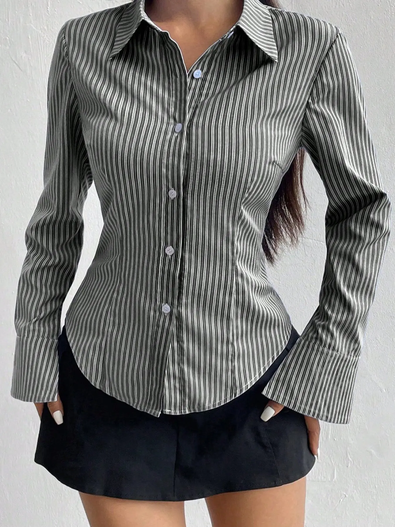 A women's casual fashion waist-tied striped shirt blouse, designed with a slimming fit and long sleeves, suitable for home, office, indoor, and outdoor wear