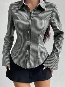 A women's casual fashion waist-tied striped shirt Blouse, designed with a slimming fit and long sleeves, suitable for home, office, indoor, and outdoor wear, Casual Fashionable Top