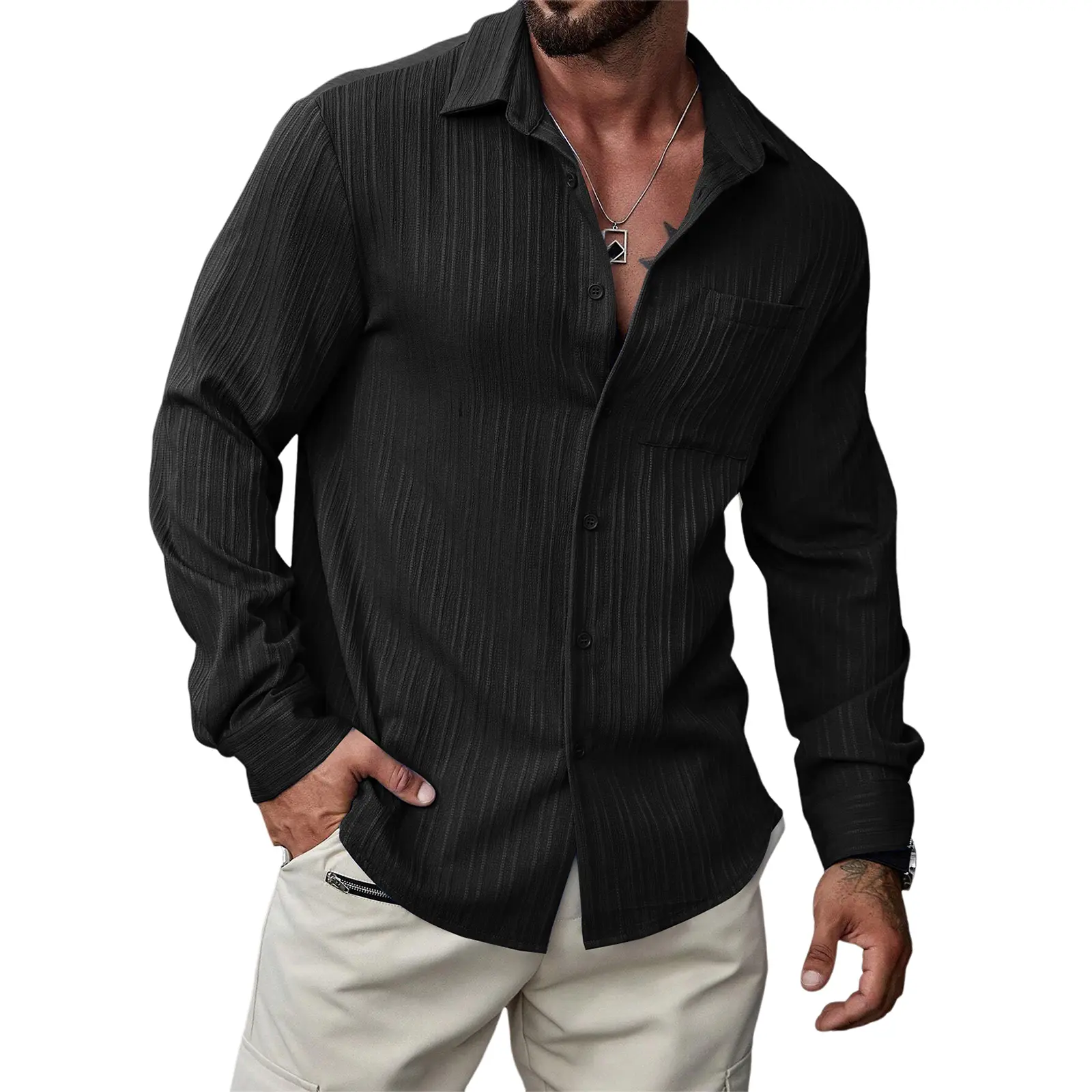 JMIERR Men's Button Down Dress Shirts Textured Long Sleeve Casual Hawaiian Beach Shirt with Pocket