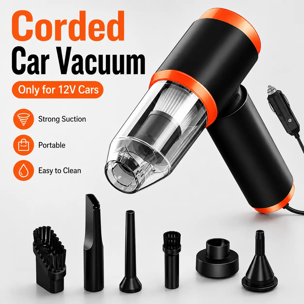 Portable 12V Corded Car Vacuum – Quick Cleaning for Seats, Mats & Tight Gaps