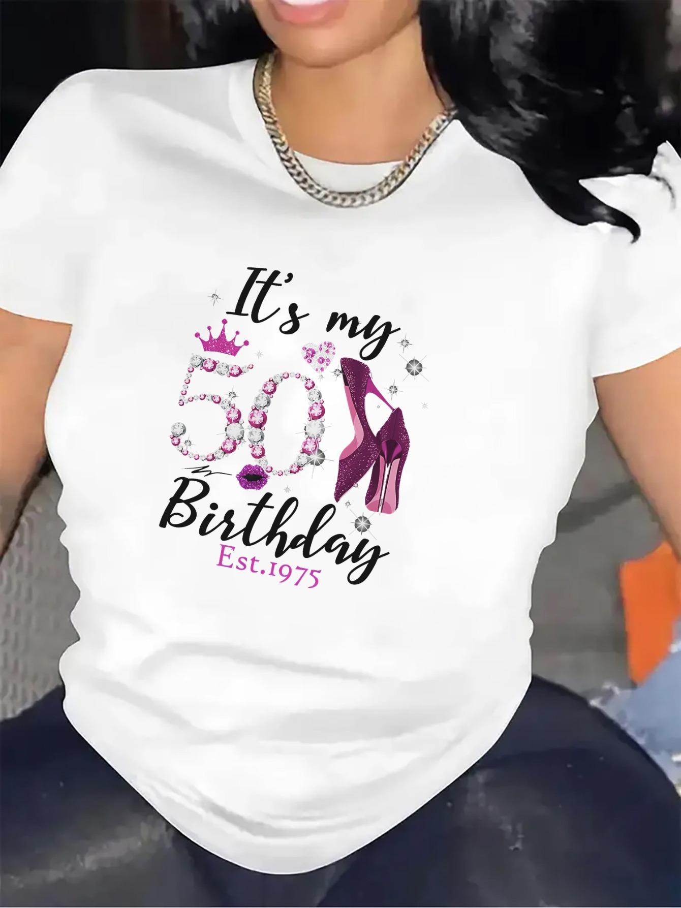 Women's 50th Birthday T-Shirt - Sparkly Rhinestone-Style Number 50 & "It's My Birthday" Print with Name/Year Personalization Option - Round Neck Short Sleeve Party Outfit for Milestone Celebrations (Black, Machine Washable)