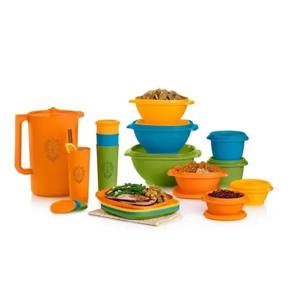 Tupperware 17-Piece Retro Tableware Serving Set - 4-Piece Sealed Bowl & Container Set, 1 Gal Pitcher, 4 x 16oz Tumbler Cups, Classic Square Plates