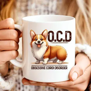 1pc 11oz Coffee Mug with OCD Obsessive Corgi Disorder Design - Cute Cartoon Corgi Dog Pattern, White & Brown Funny Gift for Dog Lovers, Corgi Owners, Humorous Kitchenware, Coffee Bar Accessories, Humorous Gift Item, Quirky Kitchenware, Glossy Finish Mug