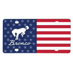 Bronco USA Flag License Plate, Patriotic Car Tag, American Flag Design with Horse Logo, Durable Metal Plate for Trucks & Cars