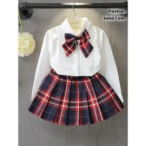 Girl's and Autumn School Uniform Set: Solid Color Fashion White Shirt with Plaid Skirt Two-Piece Outfit