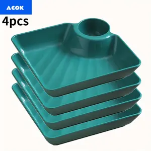 4 plastic plates with sauce compartments, square service plates, dumpling plates, seasoning plates, snack plates, home and kitchen sauce plates (green)